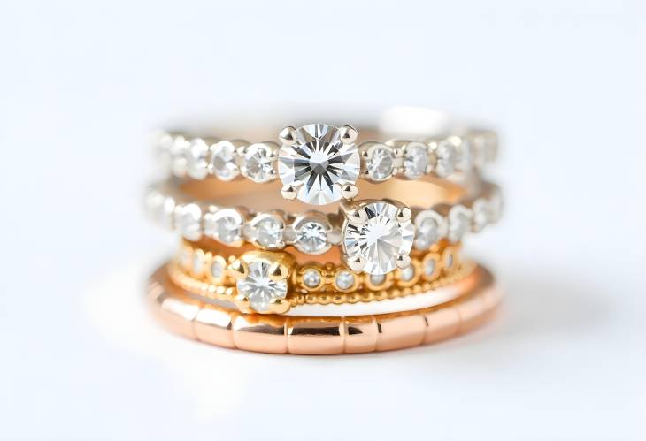 Chic Diamond Stacked Rings Featuring White, Yellow, and Rose Gold